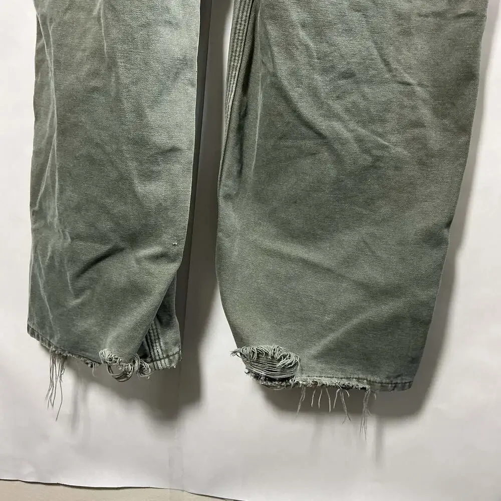 Carhartt Vintage Flannel-Lined Green Canvas Carpenter Work Pants Distressed